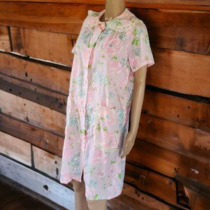 Vintage Pink Floral Patio House Lounge Dress Women's Small Pockets Button USA